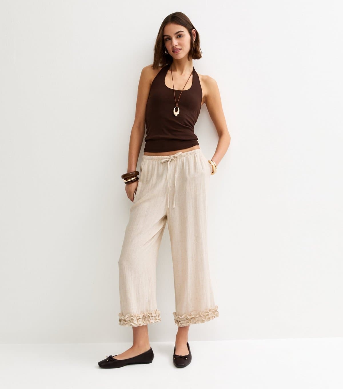 New Look Women's Stone Linen Look Cropped Ruffle Hem Trousers New Look