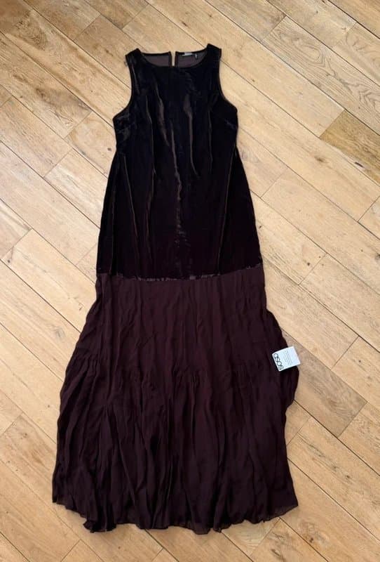 ASOS Design Tall drop waist velvet maxi dress with sheer godet skirt in brown
