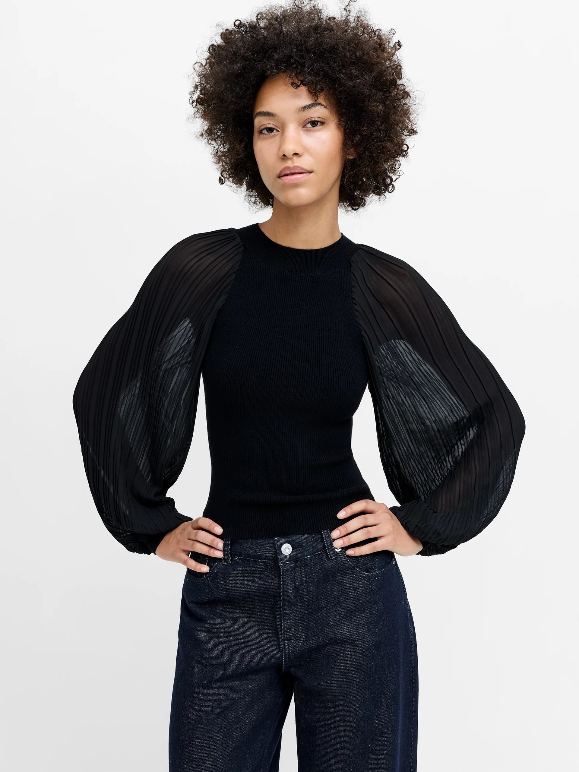 French Connection French Connection Black Pleated Sleeve Knit Top