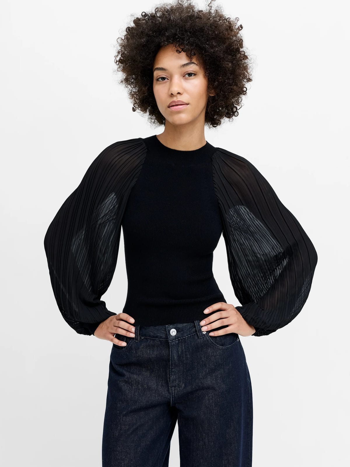 French Connection Krista Black Pleated Sleeve Knit Top Black - 1