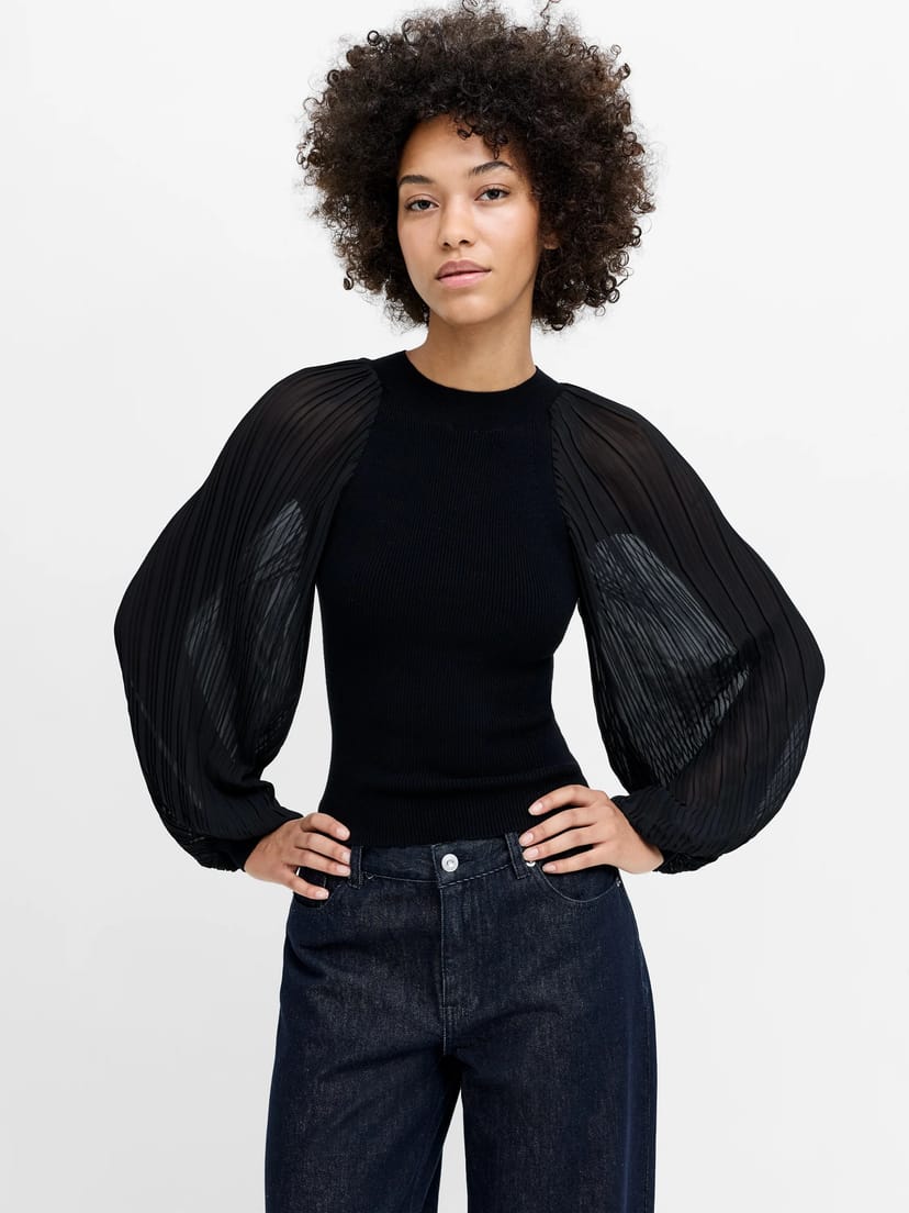 French Connection Krista Black Pleated Sleeve Knit Top Black - 1