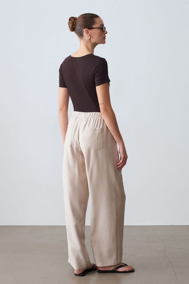 Dilvin Dilvin Women's Wide-Leg Trousers With Elastic Drawstring Waist in Stone - 2