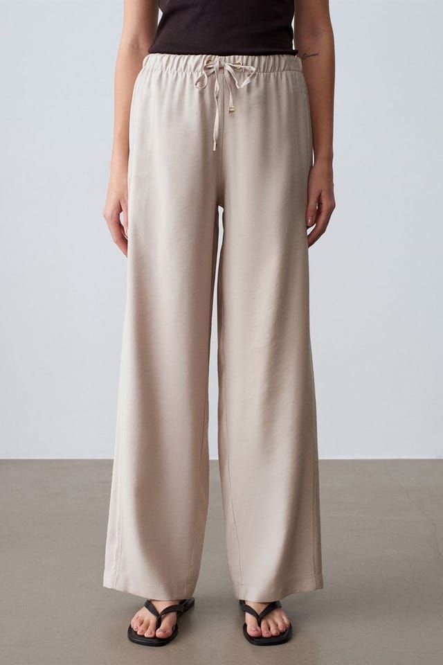 Dilvin Dilvin Women's Wide-Leg Trousers With Elastic Drawstring Waist in Stone - 3