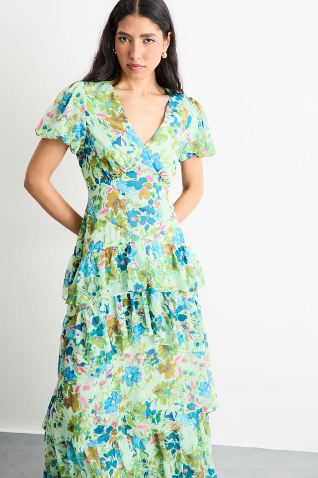 Warehouse Warehouse Women's Floral Dropped Waist Puff Sleeve Tiered Midi Dress in Green - 2