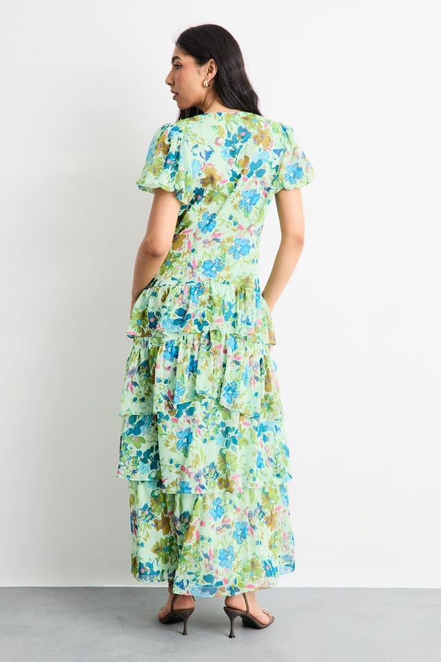 Warehouse Warehouse Women's Floral Dropped Waist Puff Sleeve Tiered Midi Dress in Green - 3