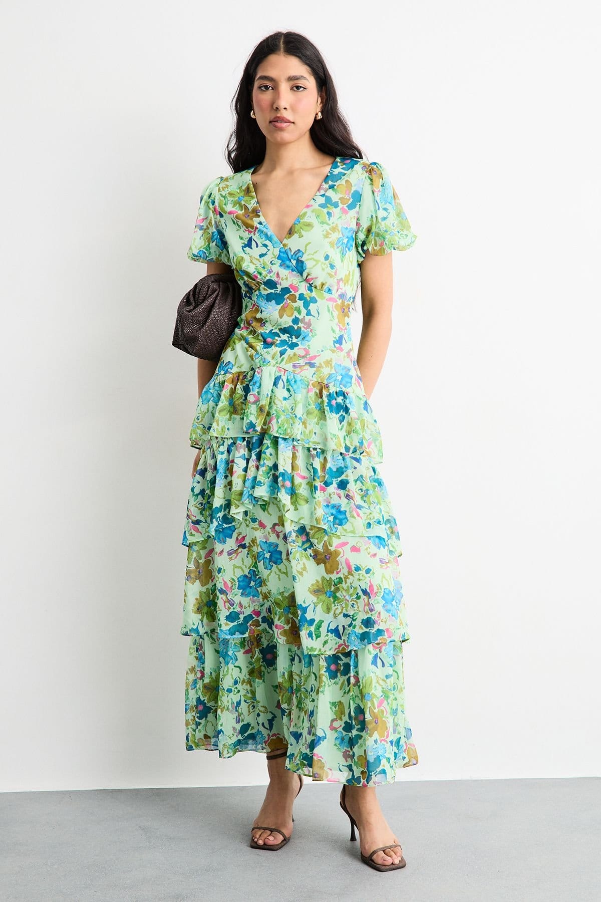 Warehouse Warehouse Women's Floral Dropped Waist Puff Sleeve Tiered Midi Dress in Green - 4