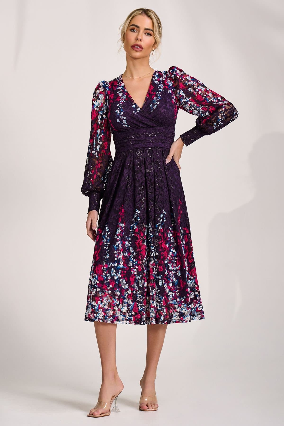Jolie Moi Jolie Moi Women's Long Sleeve Printed Lace Midi Dress in Purple