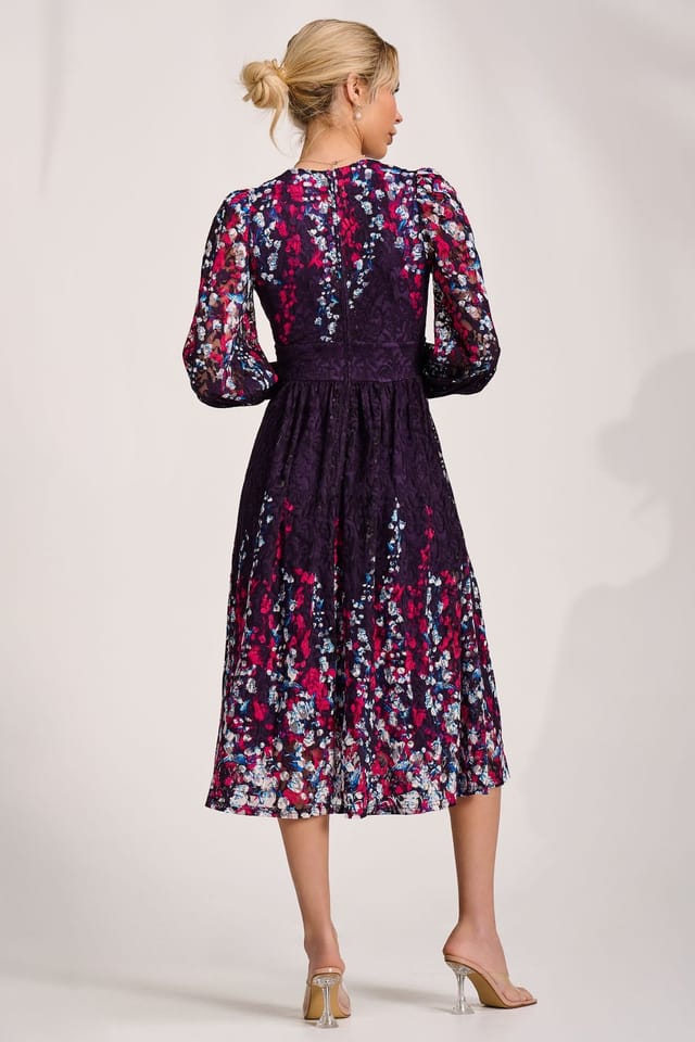 Jolie Moi Jolie Moi Women's Long Sleeve Printed Lace Midi Dress in Purple - 2