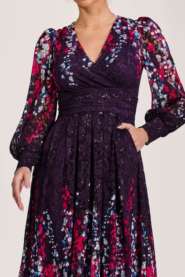 Jolie Moi Jolie Moi Women's Long Sleeve Printed Lace Midi Dress in Purple - 3