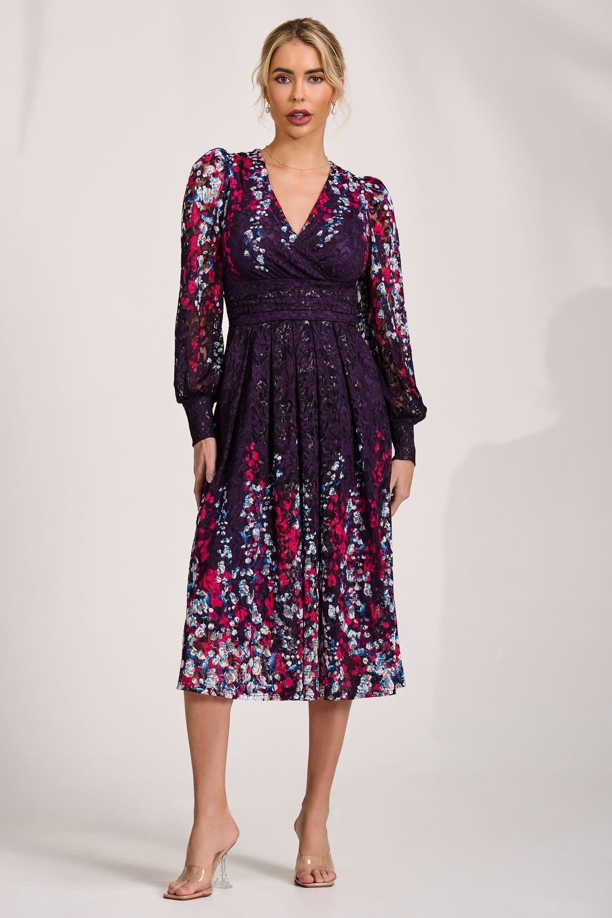 Jolie Moi Jolie Moi Women's Long Sleeve Printed Lace Midi Dress in Purple - 4
