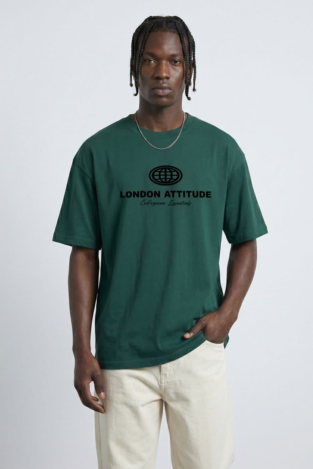 LONDON ATTITUDE LONDON ATTITUDE Men's Essential Globe Logo Premium Cotton T-Shirt in Green