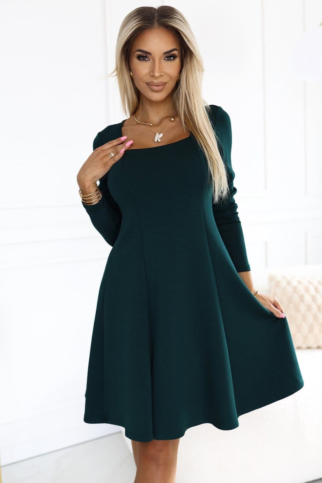 Love Lace Love Lace Women's Trapeze Knit Long Sleeve Day Dress in Green
