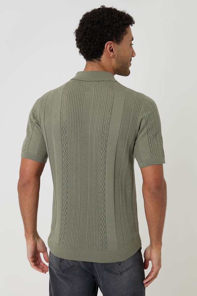 Threadbare threadbare Men's Cotton Textured Stripe Knitted Polo in Green - 2