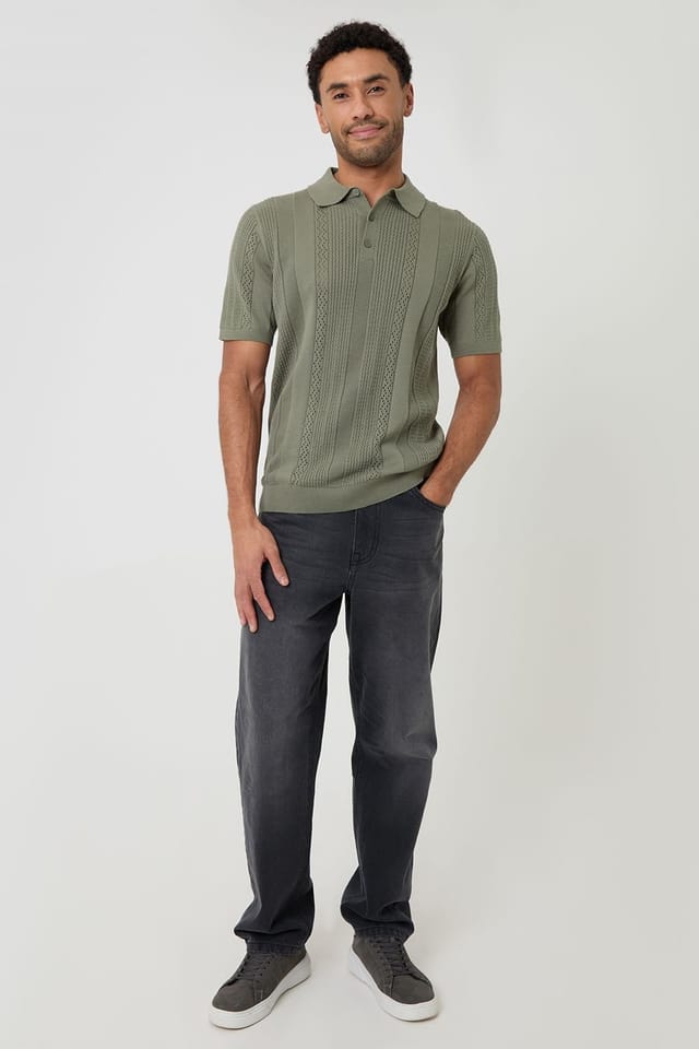 Threadbare threadbare Men's Cotton Textured Stripe Knitted Polo in Green - 3