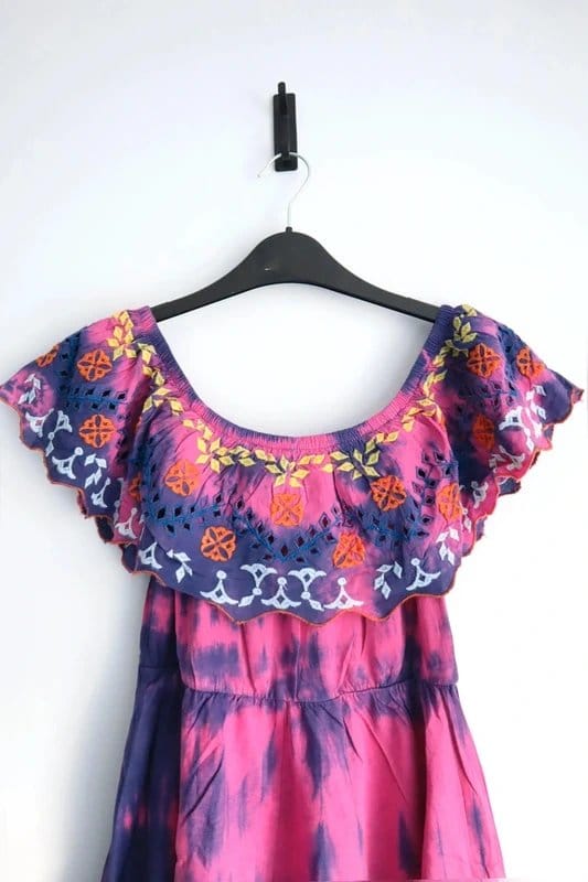 ASOS ASOS Pink Purple Tie Dye embroidered Ruffle Trim Mini Dress uk 8 - 1