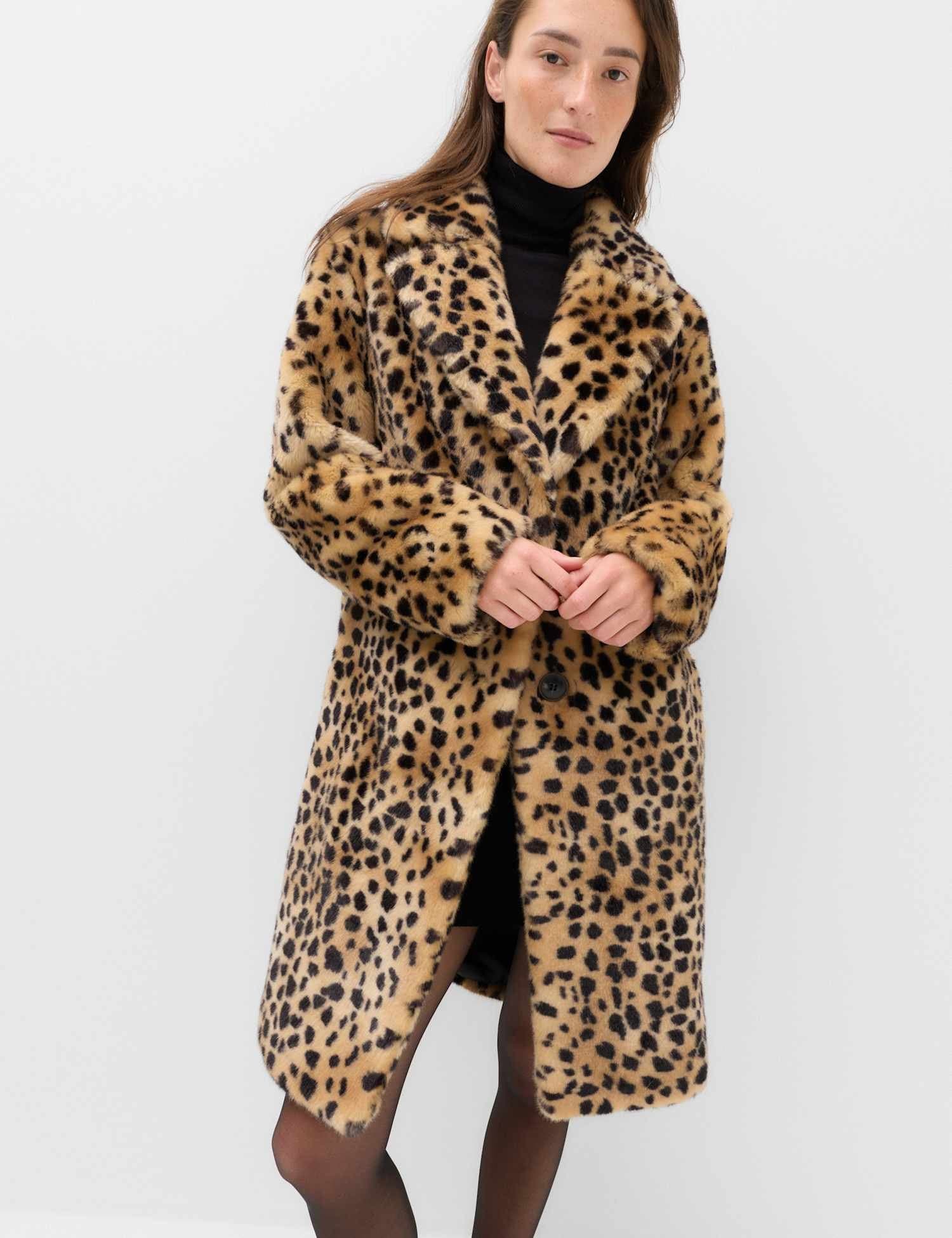 Marks & Spencer M&S Faux Fur Leopard Print Single Breasted Longline Coat Brown Mix