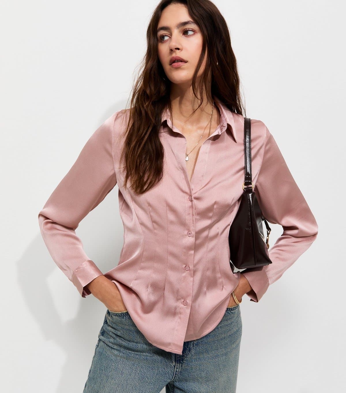 New Look Women's Pink Satin Pleated Waist Shirt New Look