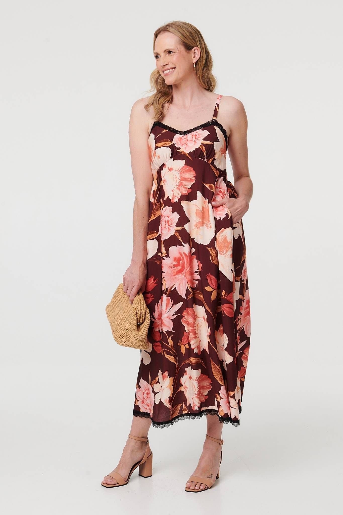 Izabel London Izabel London Women's Floral Sleeveless Lace Trim Maxi Dress in Red