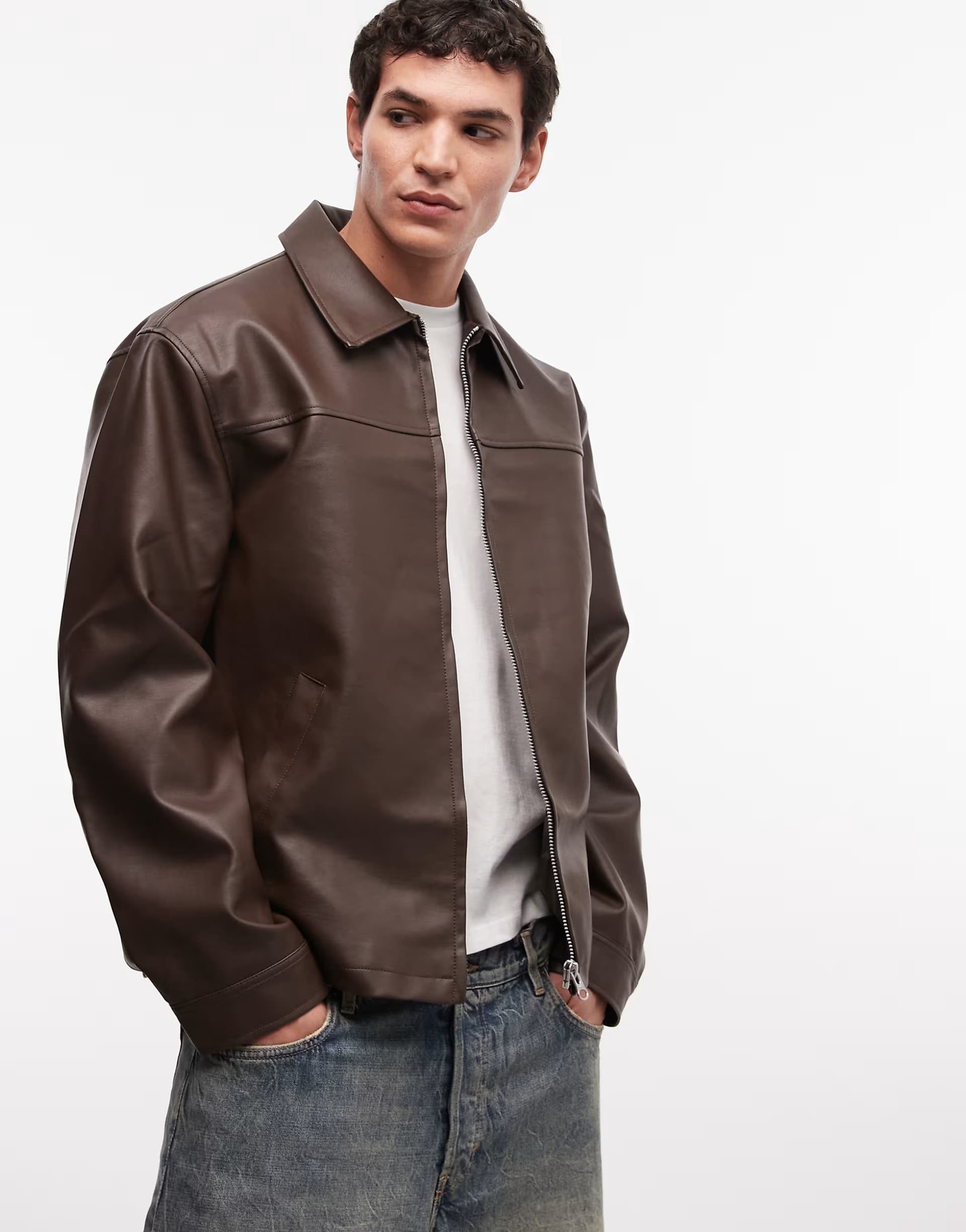 ASOS ASOS DESIGN faux leather harrington jacket in brown