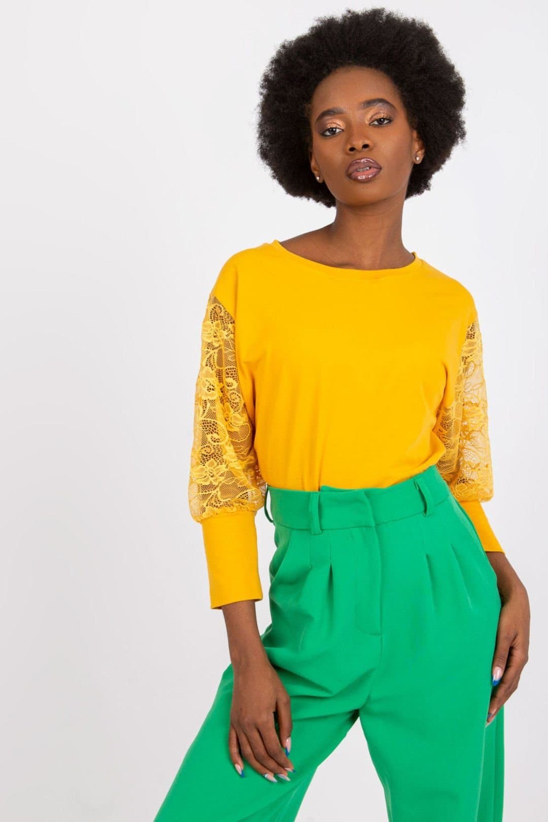 Love Lace Love Lace Women's Straight Cut Lace 3/4 Sleeve Blouse in Mustard