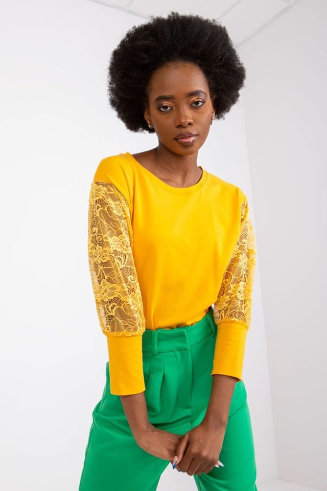 Love Lace Love Lace Women's Straight Cut Lace 3/4 Sleeve Blouse in Mustard - 2