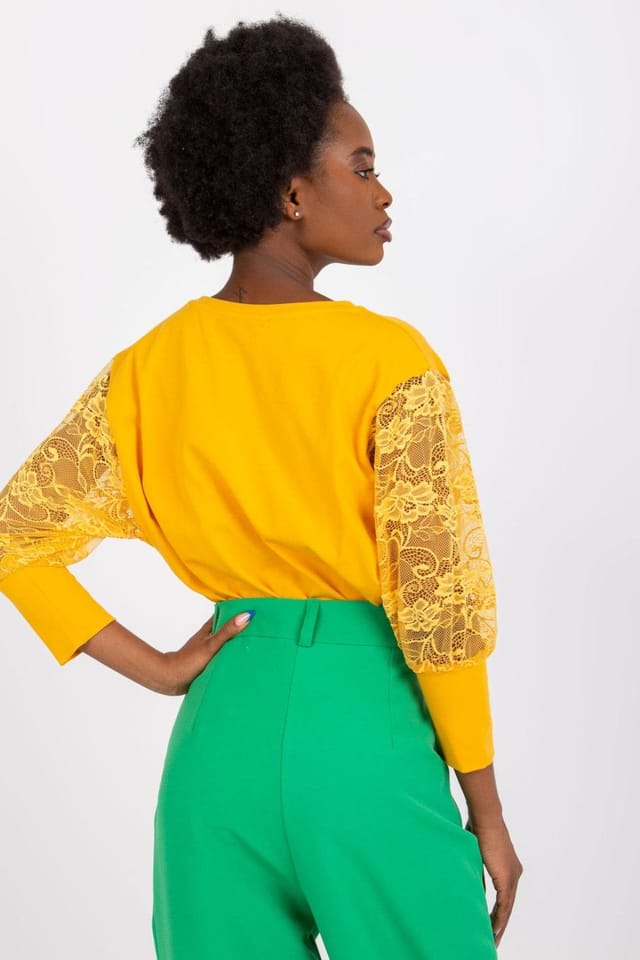 Love Lace Love Lace Women's Straight Cut Lace 3/4 Sleeve Blouse in Mustard - 3