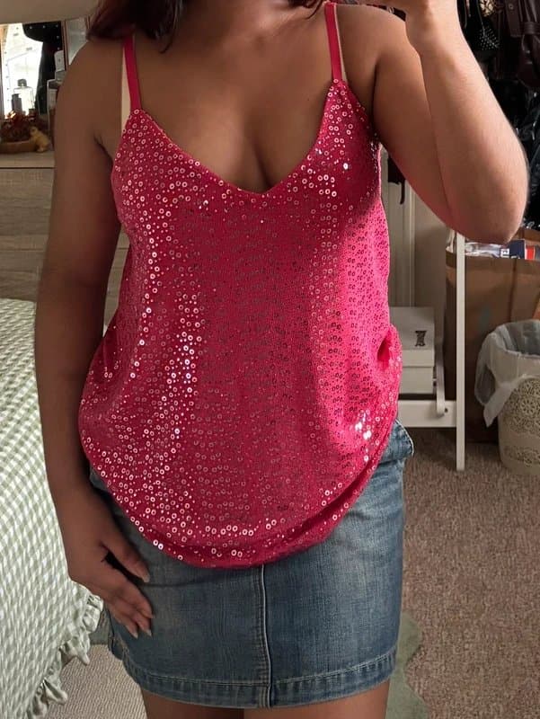 Next vintage y2k next pink sequin festival v-neck non-adjustable strappy cami top UK 10