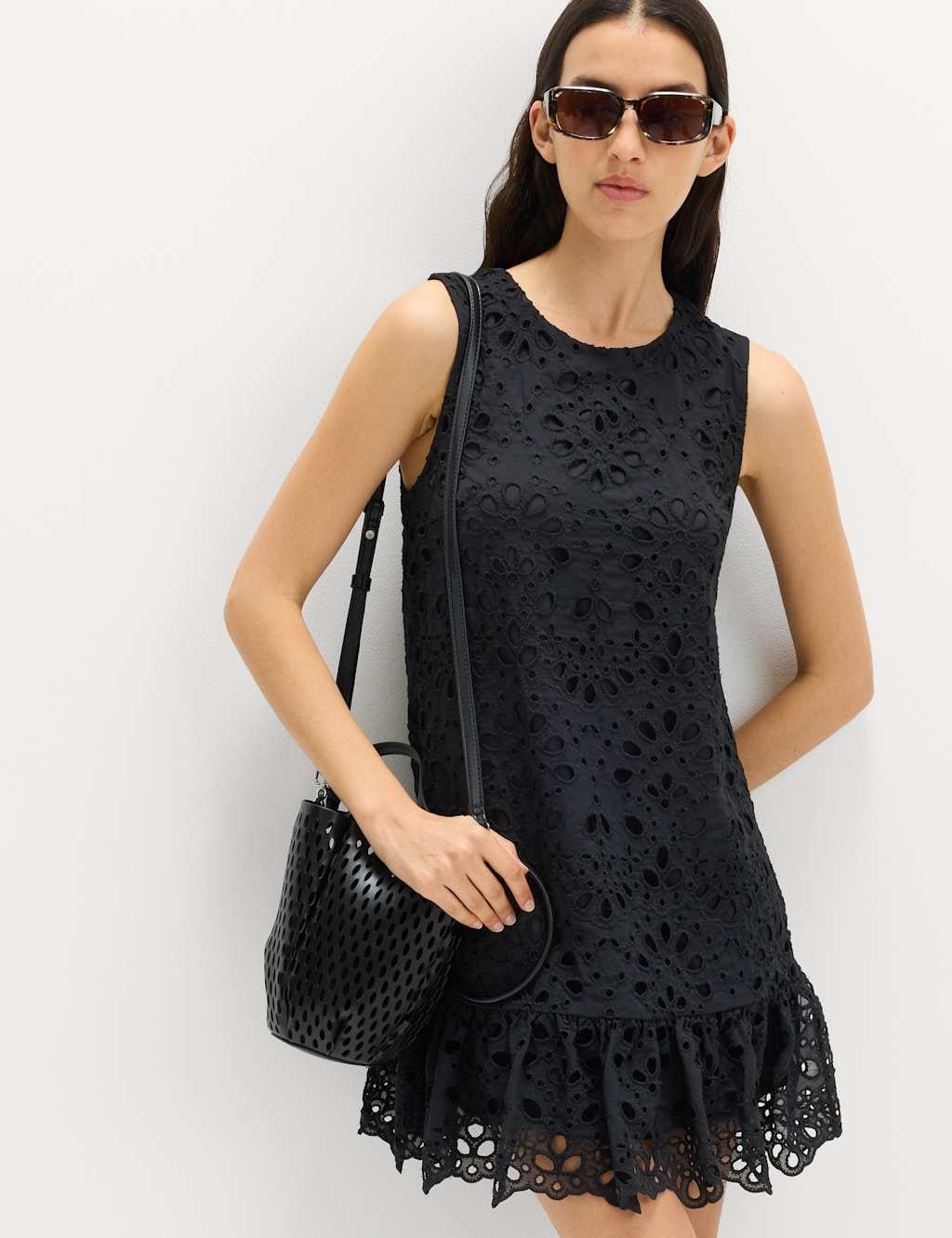M&S Black Broderie Cutwork Mini Shift Dress