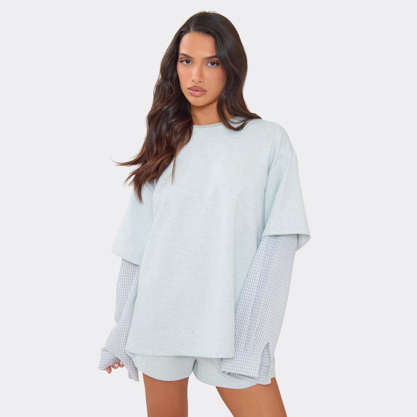 EGO Long Checkered Sleeve Detail Layered Top In Light Grey Marl, Women's Size UK 6 - 1