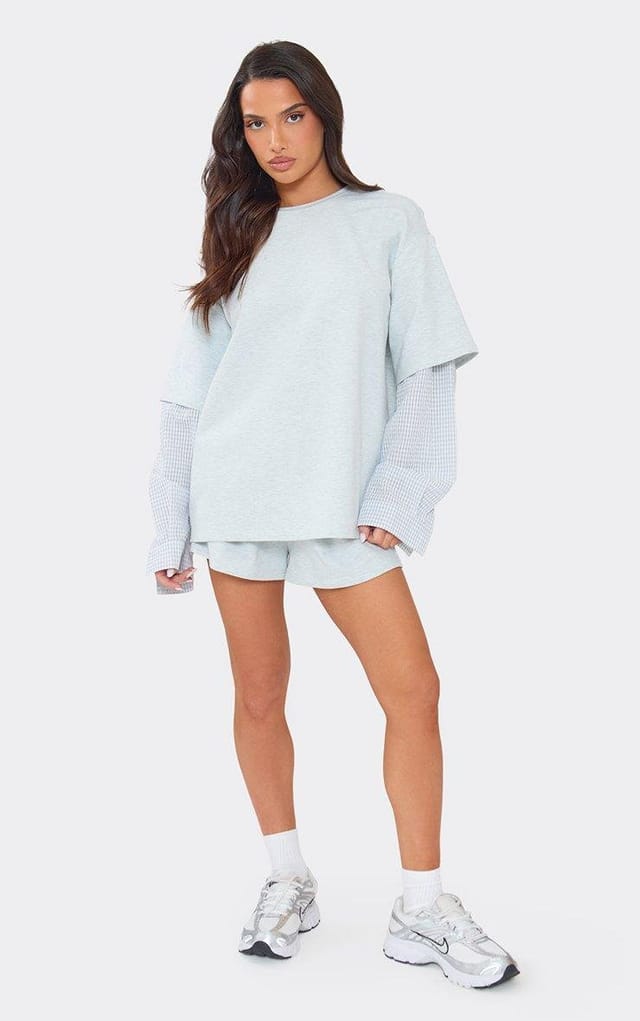 EGO Long Checkered Sleeve Detail Layered Top In Light Grey Marl, Women's Size UK 6 - 2