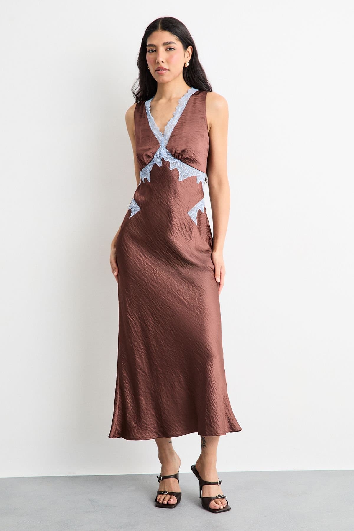 Warehouse Warehouse Women's Lace Embroidered Insert Midi Bias Dress in Chocolate