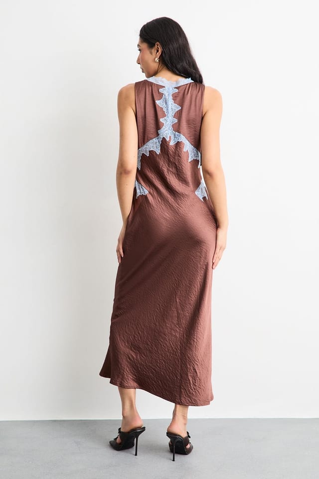 Warehouse Warehouse Women's Lace Embroidered Insert Midi Bias Dress in Chocolate - 3