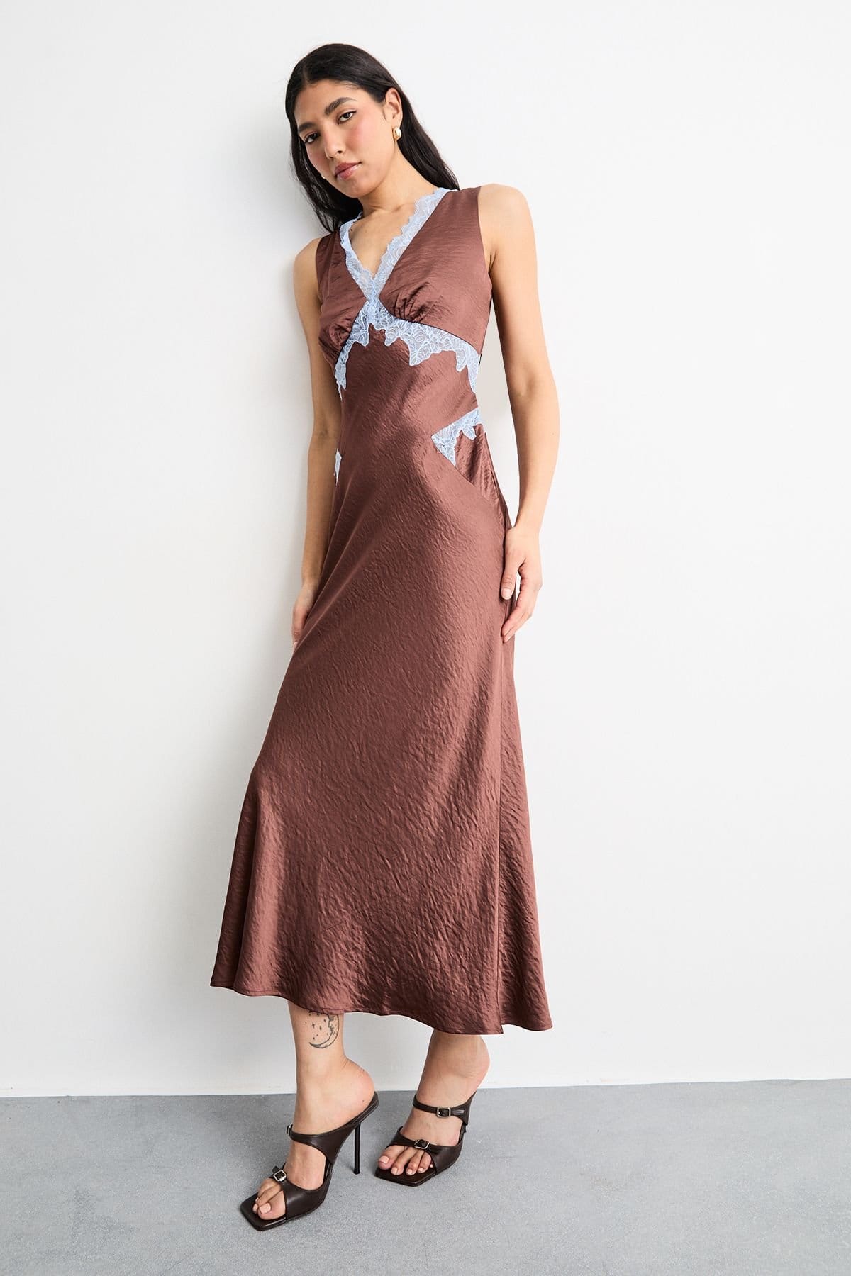 Warehouse Warehouse Women's Lace Embroidered Insert Midi Bias Dress in Chocolate - 4