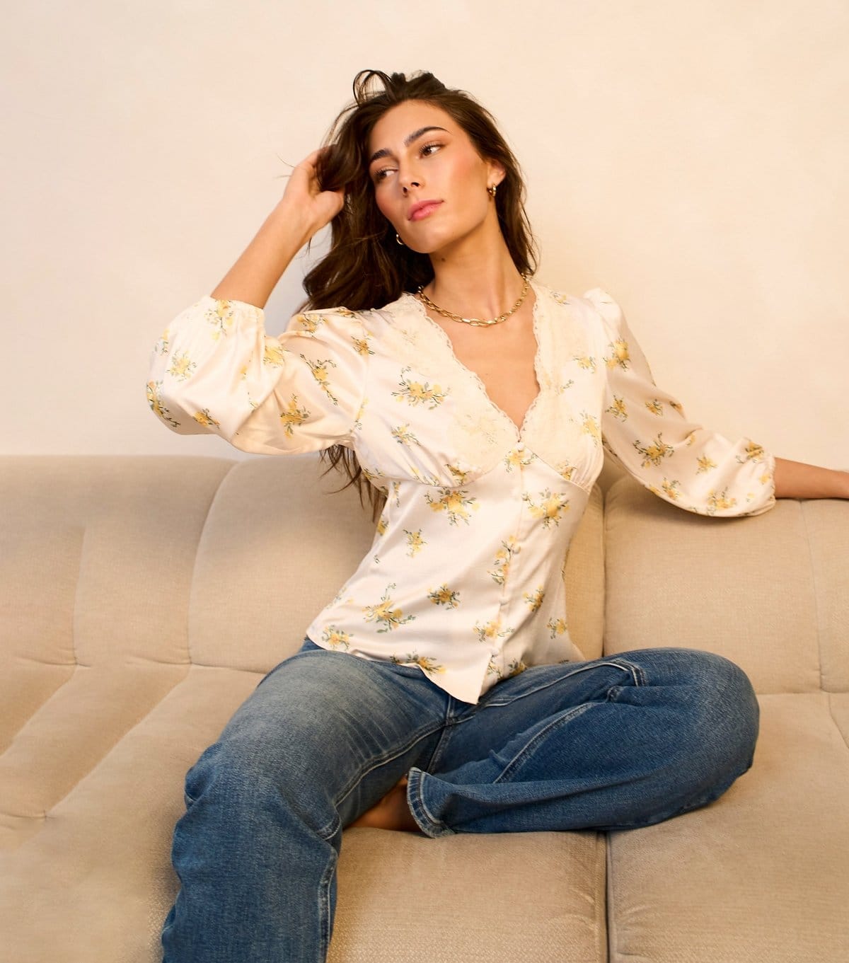 Gini London Women's Cream Floral Lace Trim Blouse Gini London New Look - 1