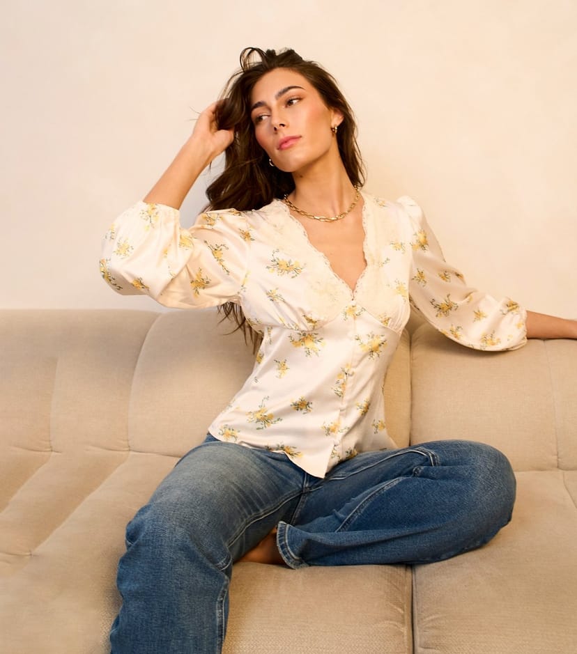 Gini London Women's Cream Floral Lace Trim Blouse Gini London New Look - 1