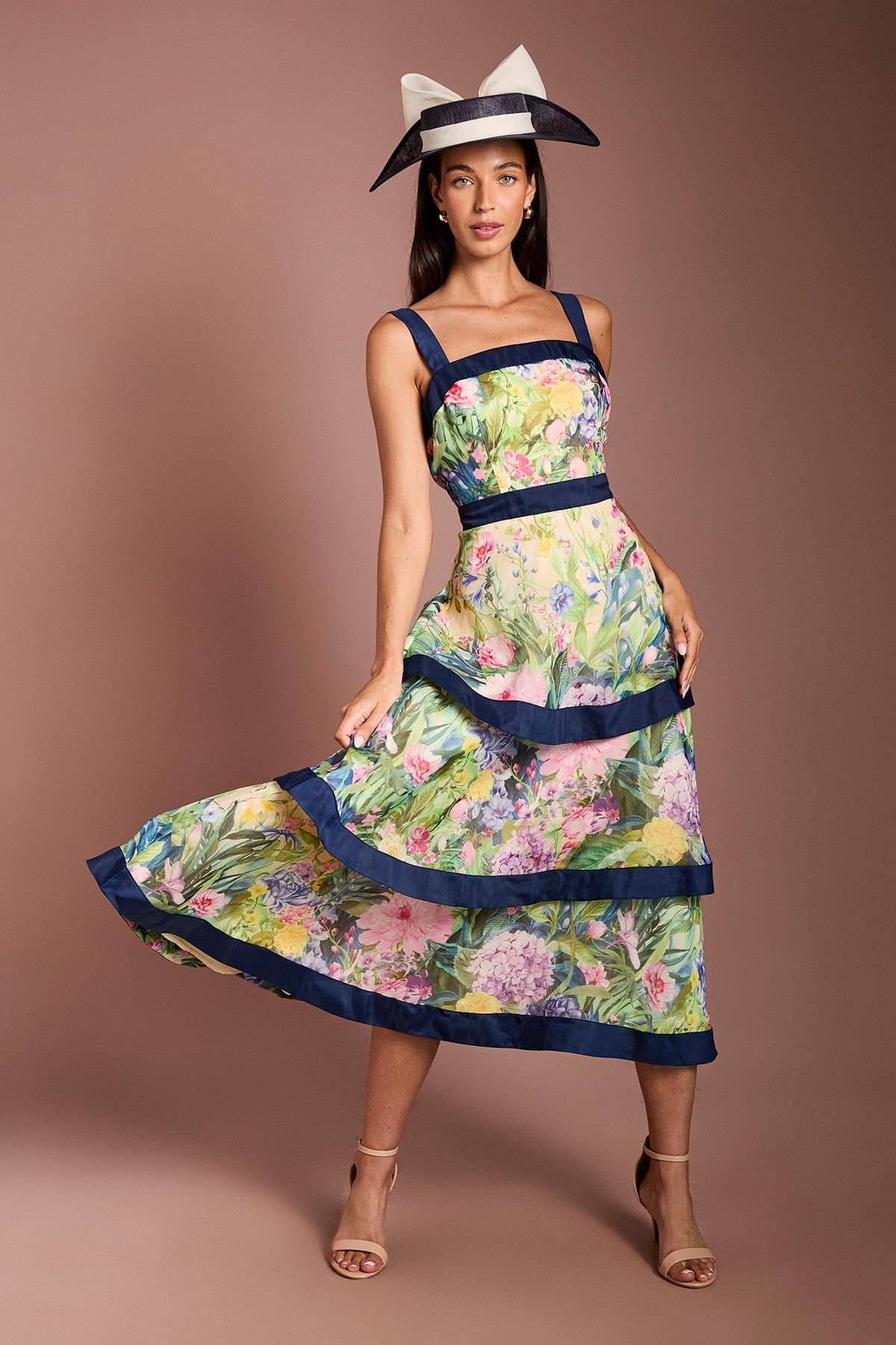 Coast Coast Women's Lisa Tan Printed Tiered Organza Midi Dress in Blue