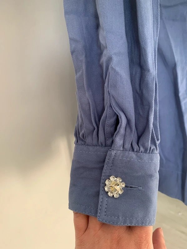 ASOS ASos Design Petite Twill Flippy Mini Shirt Dress with Diamante Buttons in Blue Size: Uk 12 - 1