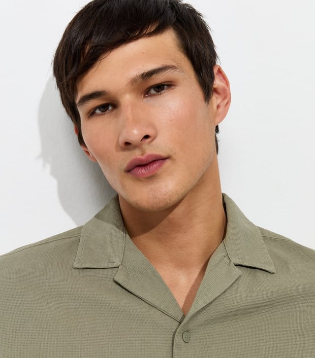 jack & jones Men's Light Khaki Cotton Waffle Texture Resort Shirt Jack & Jones New Look - 3