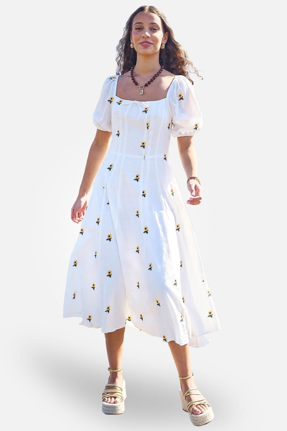 Yumi Yumi Women's White Cotton Sunflower Embroidered Midi Dress in Natural White