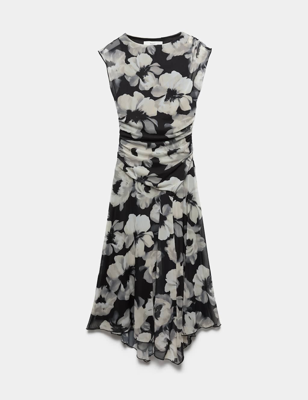 Marks & Spencer M&S Mesh Floral Ruched Midi Waisted Dress Black Mix