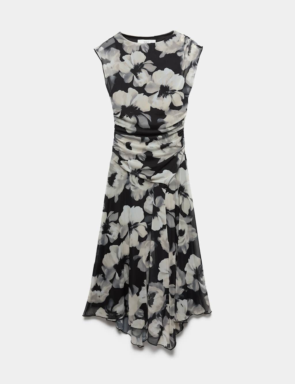 M&S Black Mix Mesh Floral Ruched Midi Dress