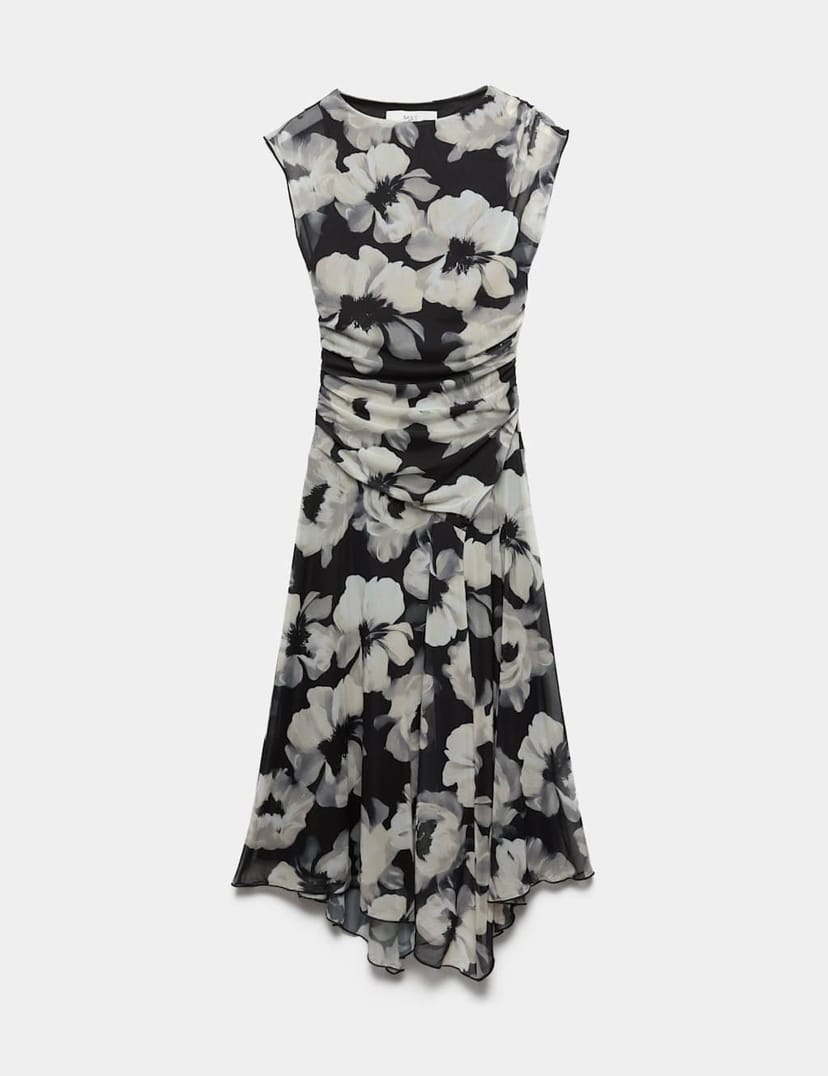 Marks & Spencer M&S Mesh Floral Ruched Midi Waisted Dress Black Mix - 1