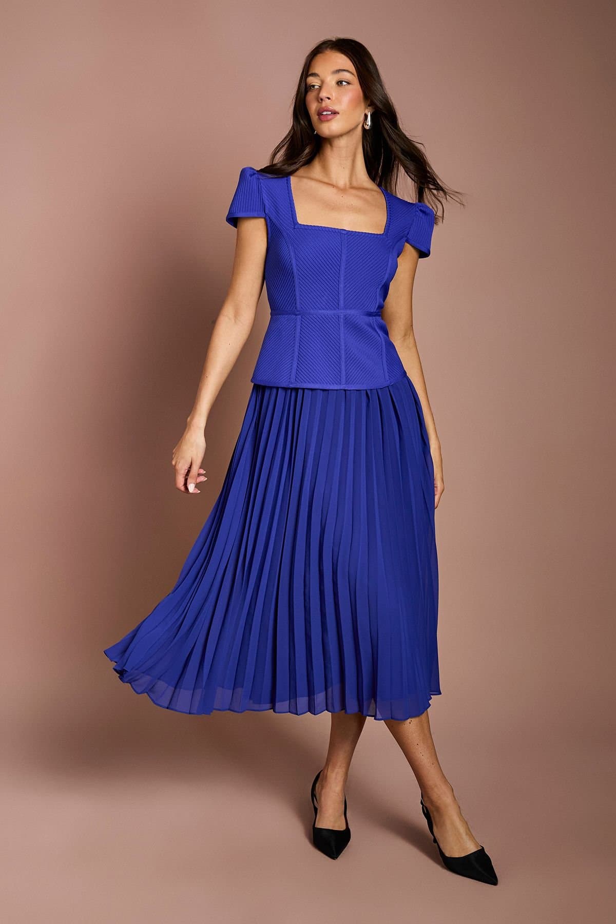 Coast Coast Women's Cap Sleeve Bandage Bodice Pleated Skirt Midi Dress in Cobalt