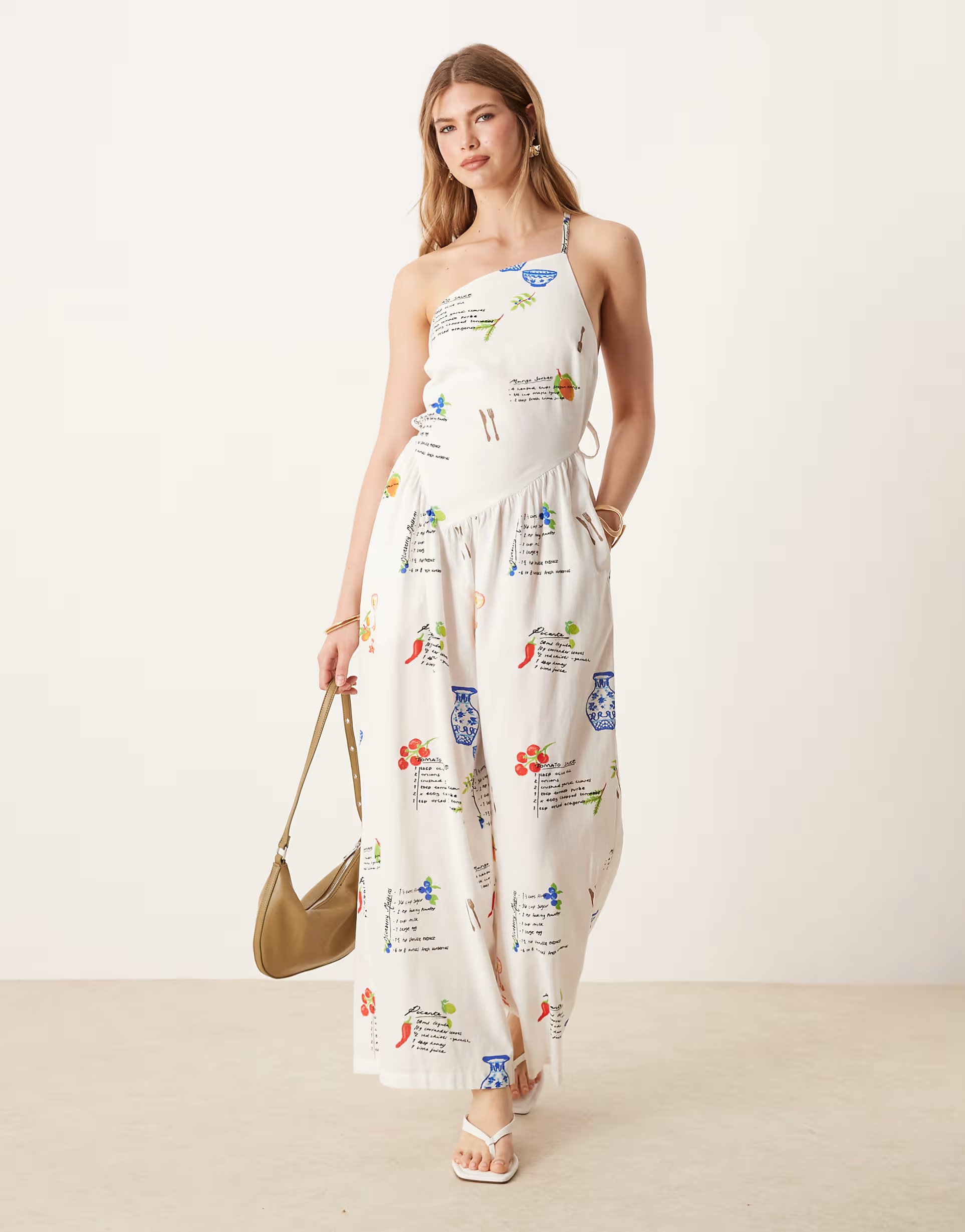 ASOS ASOS DESIGN one shoulder open back linen jumpsuit in conversational print - 1