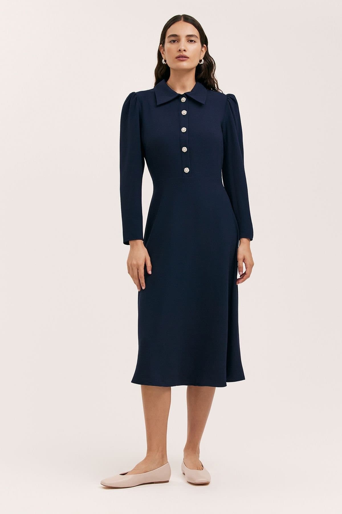 Finery London Finery London Women's Petite Lucia Crepe Collared Midi Dress in Dark Navy