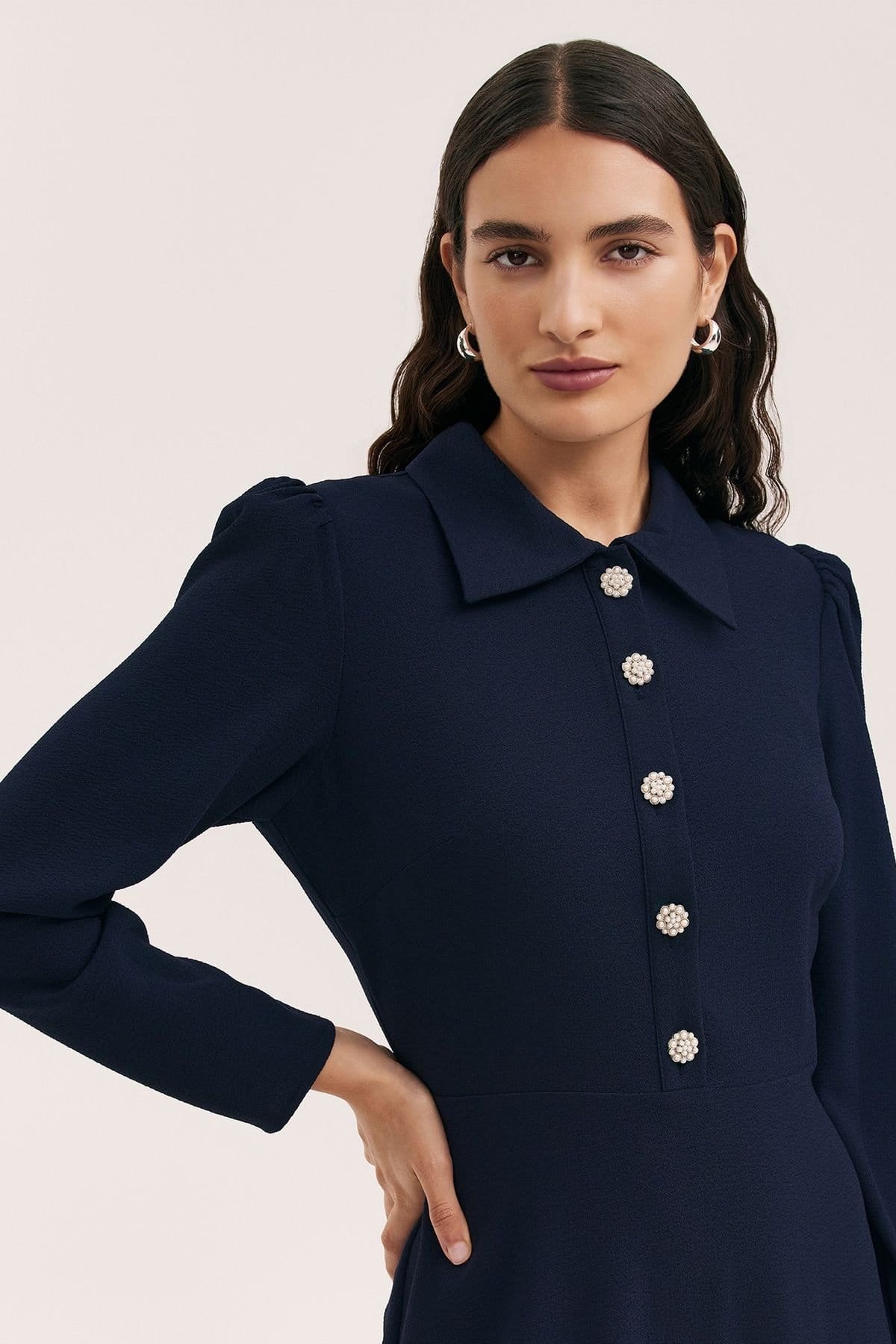 Finery London Finery London Women's Petite Lucia Crepe Collared Midi Dress in Dark Navy - 4