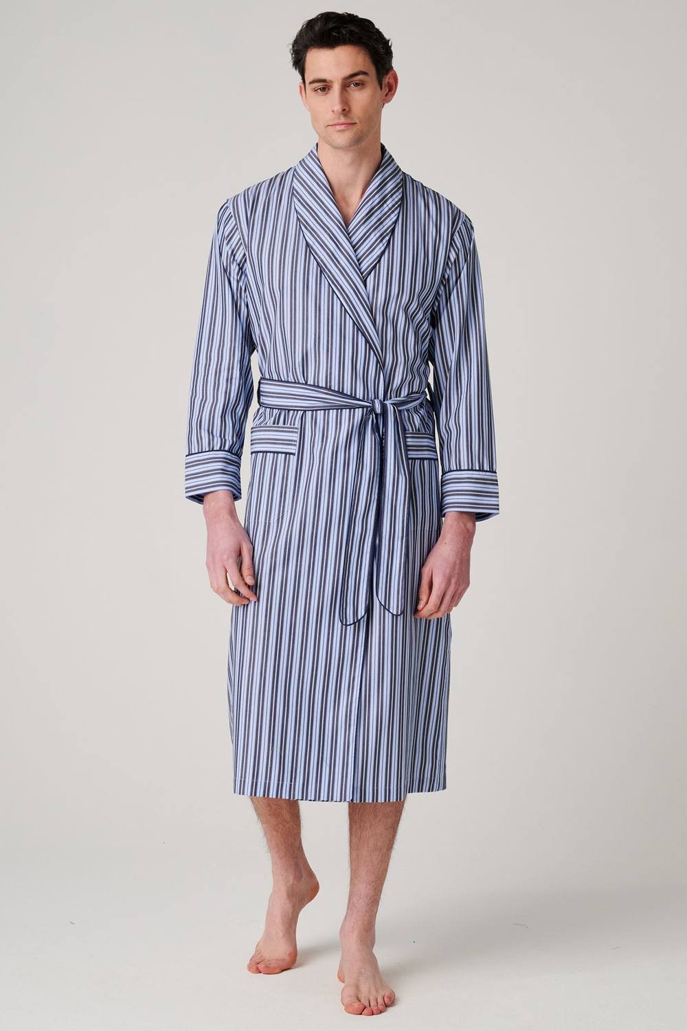 British Boxers British Boxers Men's "Navy Spark Stripe" Crisp Cotton Dressing Gown in Mid Navy - 2