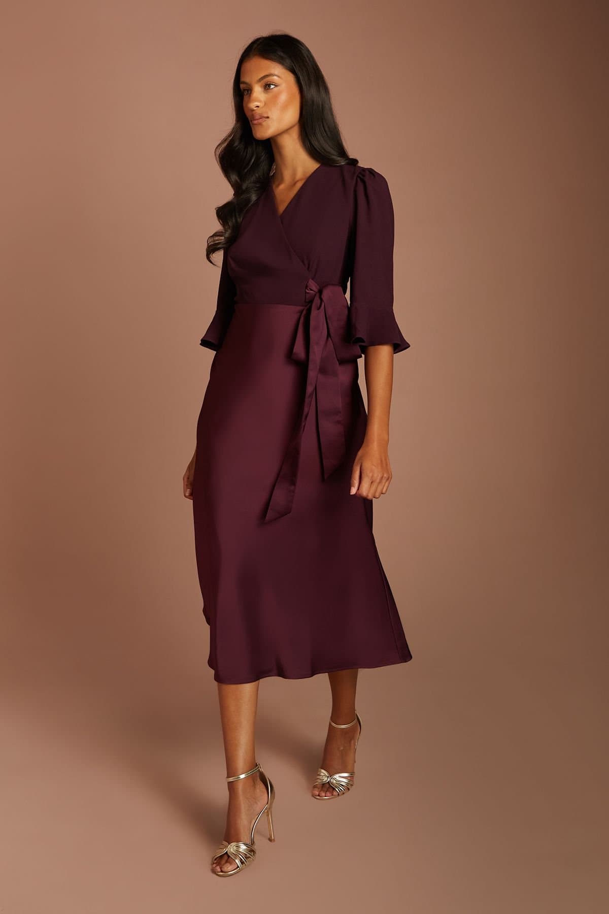 Coast Coast Women's Petite Ruffle Sleeve Satin Back Crepe Wrap Dress in Fig