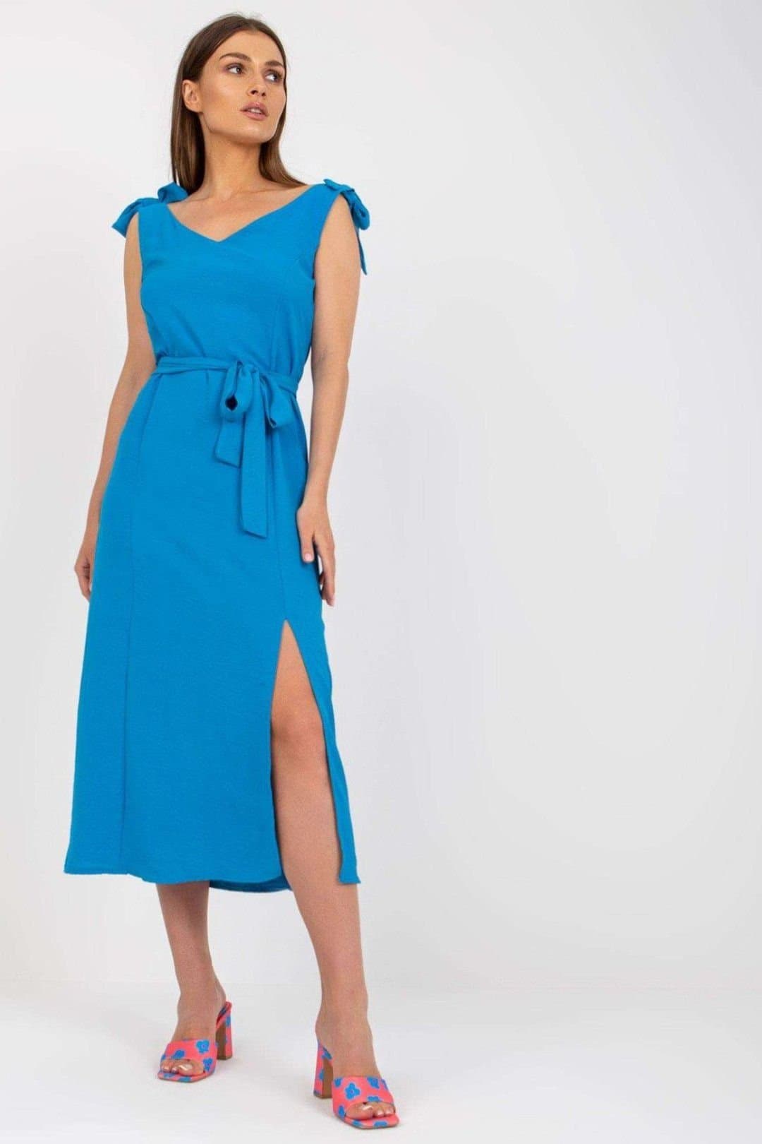 Love Lace Love Lace Women's Summer Dress with Tie Waist & Front Slit Style 168234 in Blue