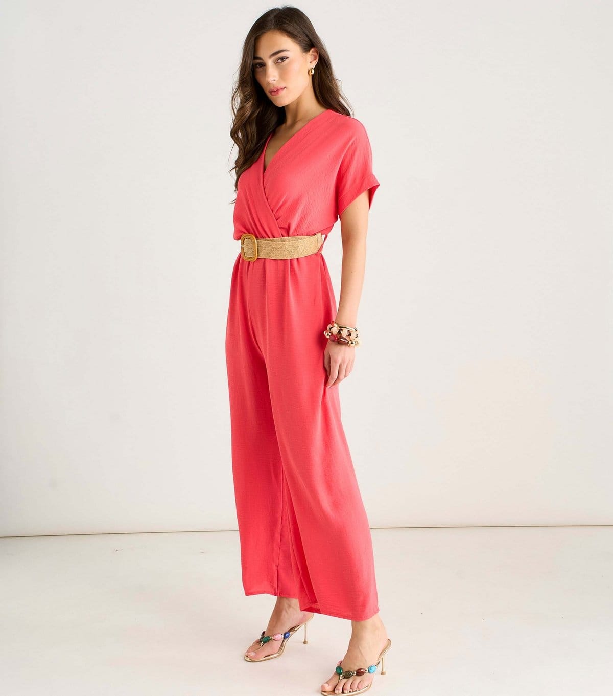 Gini London Women's Light Coral Belted Short Sleeve Jumpsuit Gini London New Look - 4